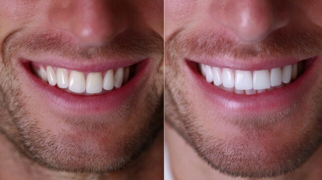 A close-up view showcases two smiles side by side, revealing the stunning difference in teeth brightness