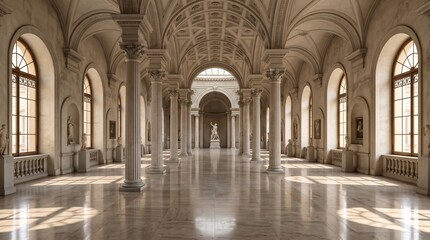 Obraz premium Grand Hallway With Columns and Arched Ceiling, Bathed in Natural Light