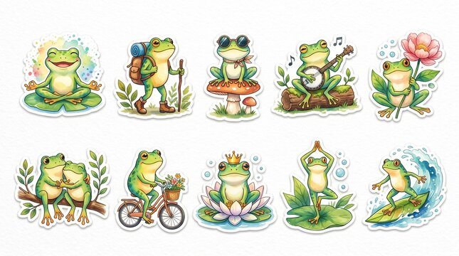 Cute funny frog sticker set watercolor cartoon characters, adorable frog doing activities clipart collection, kawaii toad illustration bundle