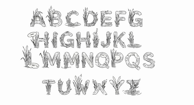 Alphabet letters designed with reeds, lily pads, and water effects