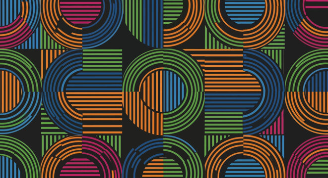 Abstract Geometric Pattern with Colorful Concentric Circles and Parallel Lines