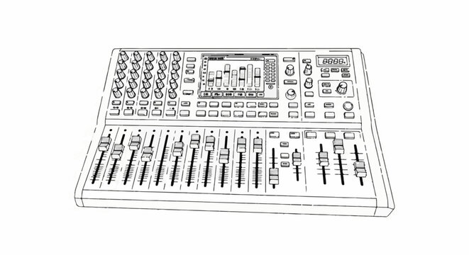 A stylized line drawing of a digital audio mixing console with faders