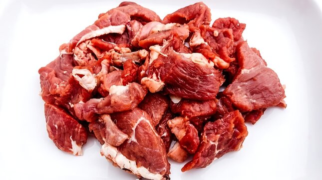 Raw chopped red meat pieces isolated on white background