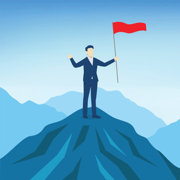 businessman standing on a mountain peak, holding flag, symbolizing success, achievement, and victory. 
