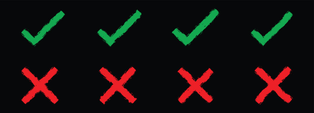 Green check marks and red cross icons set, hand-drawn brush stroke tick and x symbols isolated on black background, vector illustration.