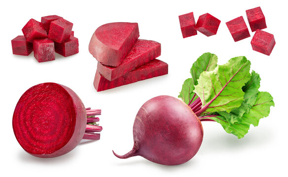 Set of red beetroot and beetroot cuts and slices isolated on white background.