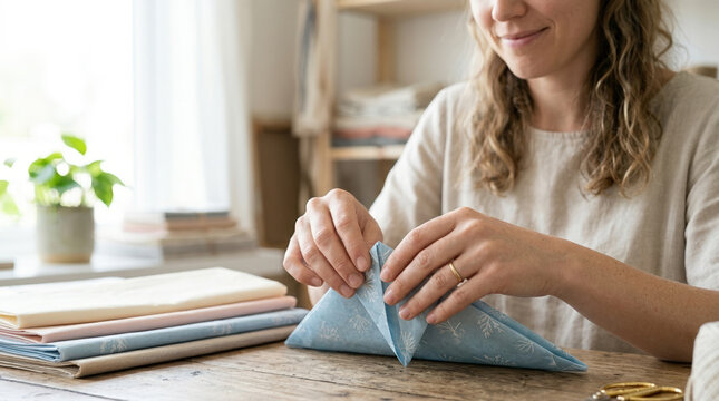 Woman folding tissue paper into decorative shapes at a wooden table surrounded by colorful papers and plants