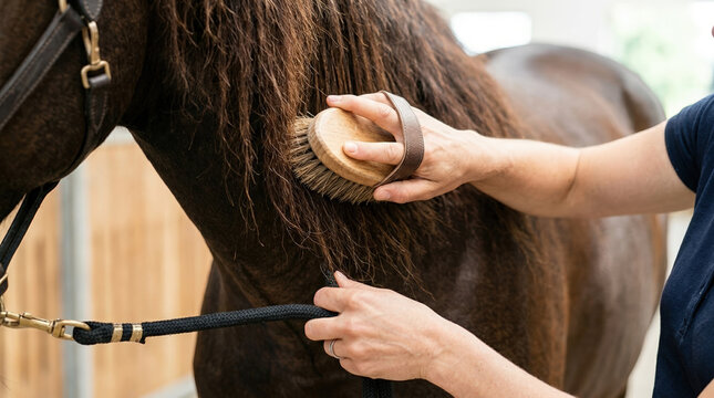 Woman grooming horse mane with brush in stable environment for animal care and equestrian activities