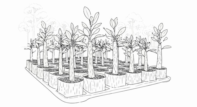 A monochrome sketch depicts a tray filled with numerous small potted plants