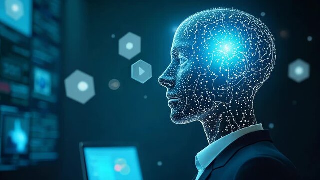 Human-AI collaboration concept. Businessman interface digital icon of a human-AI hybrid head, synergy between human intelligence and artificial intelligence in modern technology and innovat.
