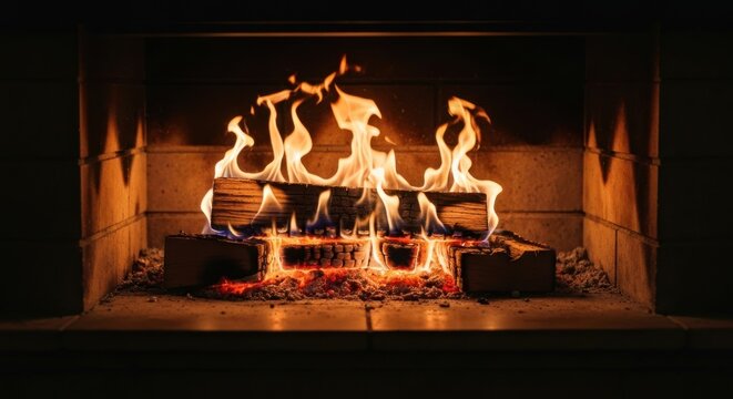 Warm and Inviting Fireplace with Burning Logs and Flames.