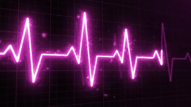 A glowing pink line displays a heartbeat rhythm on a dark screen, representing health and medical concepts in a digital format
