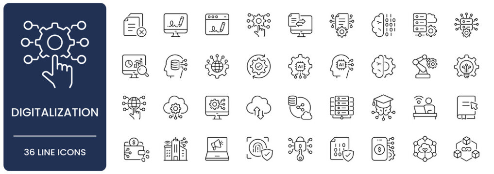 Digitalization line icon set. Collection of business automation, digital transformation, cloud computing and artificial intelligence outline vector symbols with editable stroke.