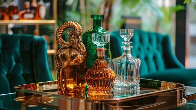 Luxury barware gleams on a polished tray. Golden, green, and clear bottles stand tall. Tea, whiskey, or gin is implied by their shapes. Teak, velvet, and glass blend in rich tones