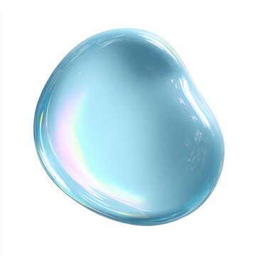 Glossy blue bubble floats against pure white background. Soft iridescent glow wraps its curved surface. Reflections shimmer with pastel hues and gentle light. Ideal for design, advertising