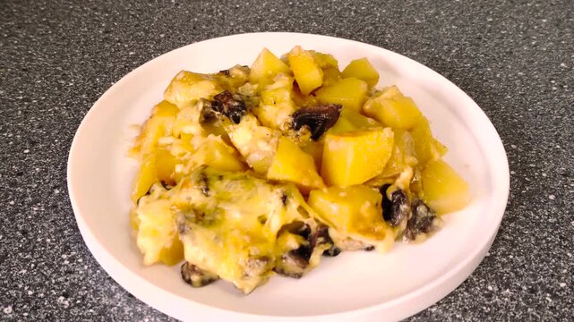 Baked potatoes with mushrooms and melted cheese on plate. Homemade comfort food close up.