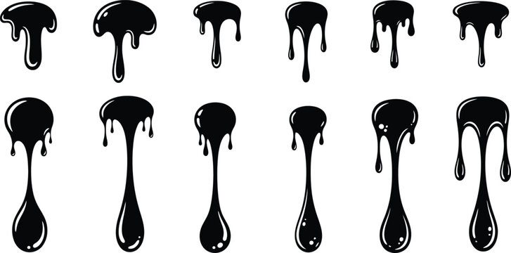 A collection of various black liquid drips featuring distinct shapes for creative graphic design asset projects