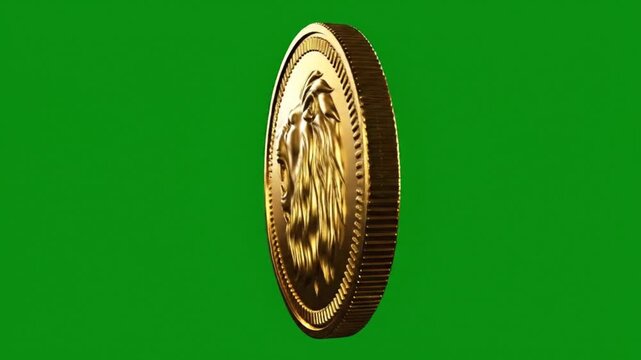 3D animation a massive reflective gold coin embossed with intricate roaring lion symbolizing power, wealth, and strength rotates on chroma key green screen background.