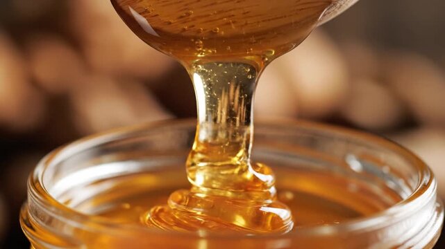 Golden Honey Pouring from Wooden Spoon Macro