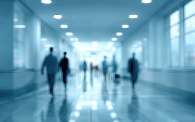 Fototapeta premium Blurred figures of people walking down a bright, modern, blue-toned hallway