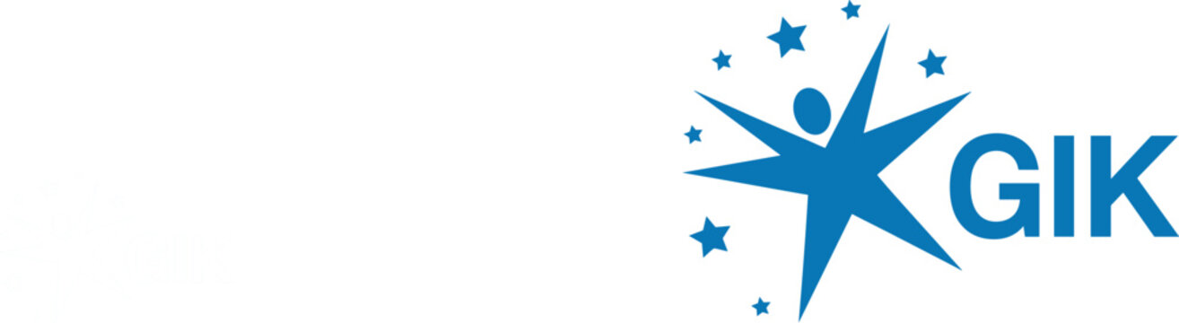Blue starburst logo with human figure and GIK text