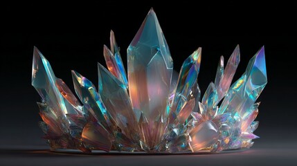 Naklejka premium Iridescent crystals glow with inner light. Sharp facets catch every hue of color. Soft gradients shift from blue to rose. Dark background highlights crystal's elegance. Perfect for fantasy, luxury