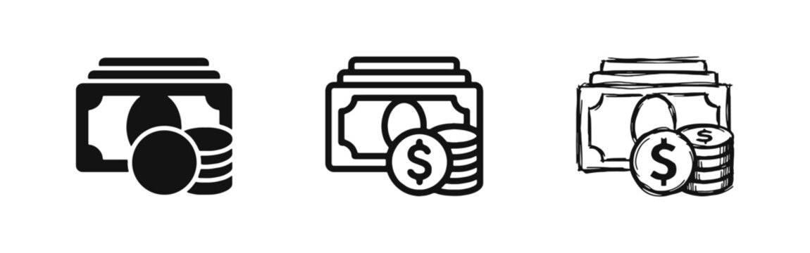 Money icon set with stack of cash banknotes and coins