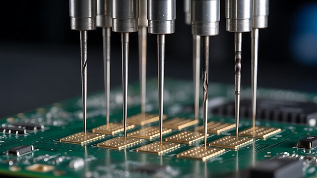 Automated testing of microchips with precision probes on a green circuit board