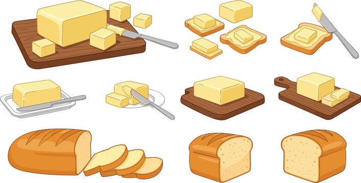 Butter and Bread Illustration Set Featuring Sliced Loaves, Butter Blocks, Spreading Knife, and Butter Cubes for Food-Related Graphics