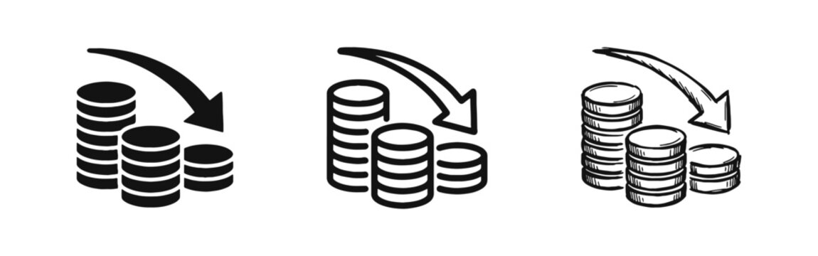 Financial loss or price reduction icon set with coins and arrow down