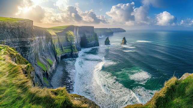 Cliffs of moher in ireland with waves crashing against the rugged shoreline
