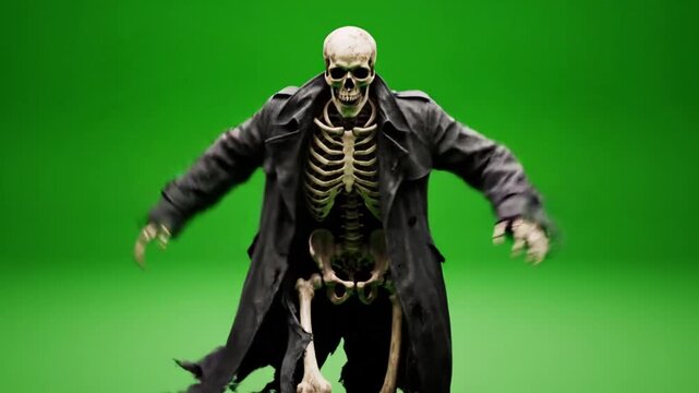 3D spooky CGI Halloween animation realistic human skeleton wearing grey trench coat walks menacingly toward the camera against chroma key green screen background for horror VFX.