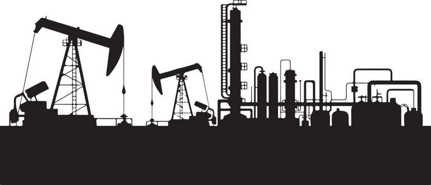 Oil industry silhouette with pumpjacks and refinery equipment on checkered background.