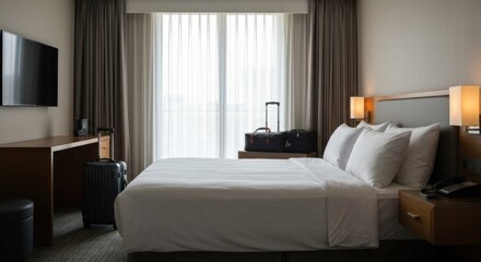 Fototapeta premium Bright Hotel Room with Luggage and Modern Amenities.