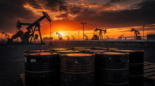 Sunset-lit oil drilling site with multiple pumpjacks and barrels in the foreground under a dramatic sky.