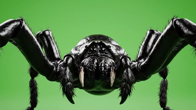 Hyper-realistic 4K CGI animation creepy black widow monster spider close-up angrily rearing up and violently striking forward in aggressive attack on a chroma key green screen background.