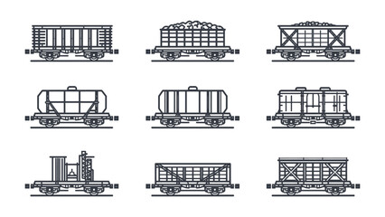 Railcar Varieties: A set of detailed illustrations showcases various railway cargo cars, each designed for specific freight transportation needs. © Abdul