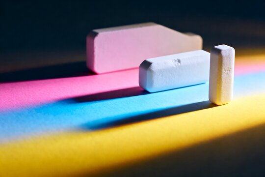 White objects casting colorful gradient shadows in surreal abstract lighting with modern artistic contrast composition