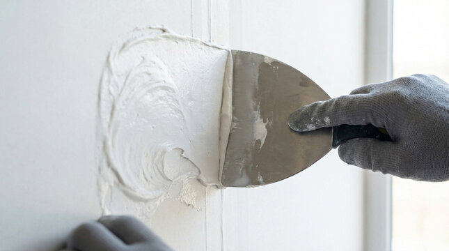 Gloved Hand Applying Joint Compound with Putty Knife to Wall for Repair