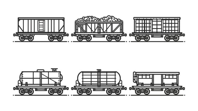 Freight Train Cars Illustration: A set of six unique freight train cars, each designed for a specific cargo, stand side-by-side.