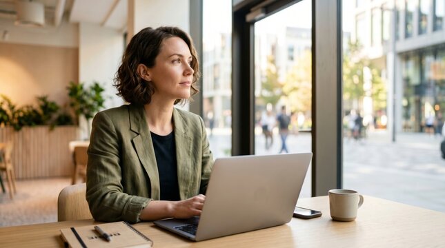 Woman professional working on laptop at cafe table. Businesswoman thinking while sitting near office window. Corporate lifestyle and digital remote work concept for career development.