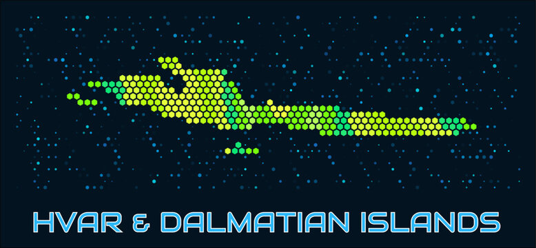 Hvar & Dalmatian Islands hexagon dots map. Croatia. Digital style shape of the island. Hvar & Dalmatian Islands map and title. Tiny green colored hexagons, sparse blue dots at background.