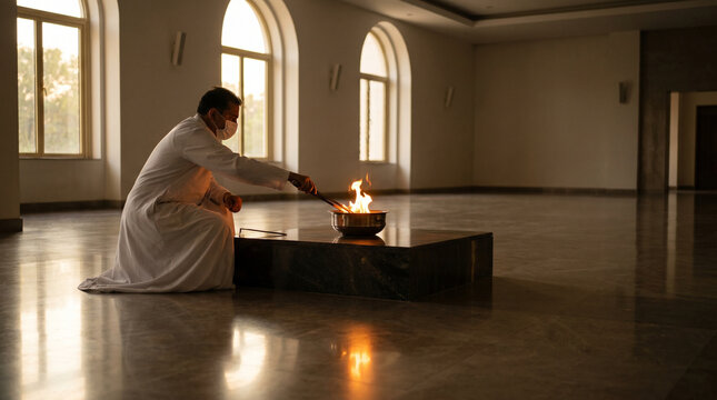Zoroastrian fire temple interior at dusk, sacred flame reflected in polished stone as a white-robed priest tends the fire with long tongs, t 3