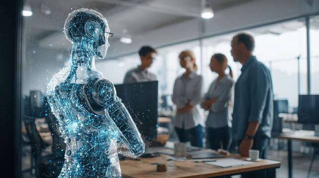 An AI hologram agent representing autonomy and teamwork, standing beside humans in a modern office, symbolizing collaboration between artificial intelligence and human workforce