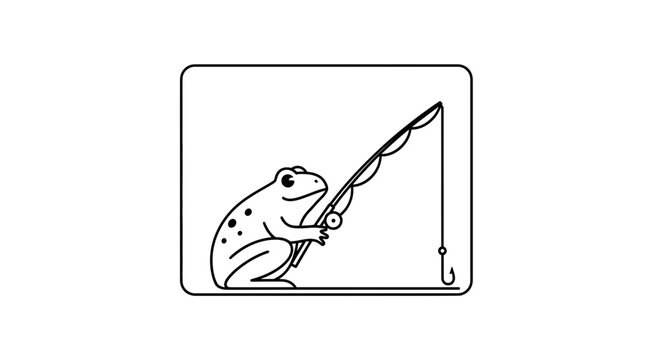 Funny Frog Fishing with Rod, Cute Cartoon Animal Character, Outdoor Hobby