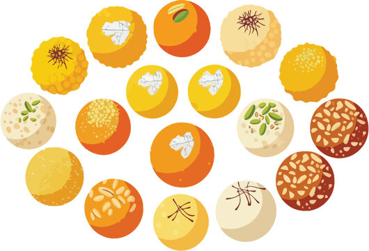Assortment of colorful indian sweet laddoos and besan barfi arranged in a circular pattern flat illustration vibrant festive food isolated on white background traditional dessert collection