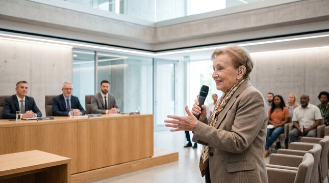 Elderly woman with hearing aids speaking confidently at a local council public forum at a municipal hall, microphone in hand, a row of counc 3