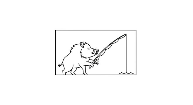 Funny Wild Boar Fishing with Rod, Cartoon Style, Black and White