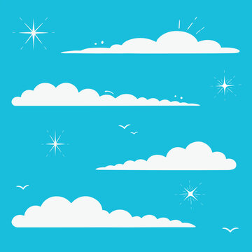 Collection pack bundle of flat white cloud vectors with shiny stars and birds. Clean minimalist blue sky graphic resource set. Magical dreamy design elements for kids commercial print layout template.