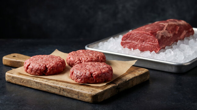 Raw beef burger patties on wooden board, Fresh ground meat for burgers, Uncooked hamburger meat on dark background